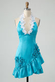 Bodycon Lake Blue Halter Neck Satin Ruffled Lace Up Back Homecoming Dress with 3D Flowers