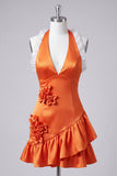 Orange Halter Neck Satin Bodycon Ruffled Lace Up Back Homecoming Dress with 3D Flowers