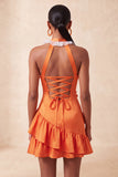 Orange Halter Neck Satin Bodycon Ruffled Lace Up Back Homecoming Dress with 3D Flowers