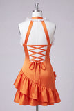 Orange Halter Neck Satin Bodycon Ruffled Lace Up Back Homecoming Dress with 3D Flowers