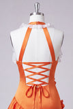 Orange Halter Neck Satin Bodycon Ruffled Lace Up Back Homecoming Dress with 3D Flowers