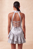 Orange Halter Neck Satin Bodycon Ruffled Lace Up Back Homecoming Dress with 3D Flowers