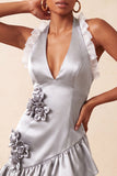 Orange Halter Neck Satin Bodycon Ruffled Lace Up Back Homecoming Dress with 3D Flowers