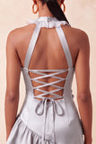 Orange Halter Neck Satin Bodycon Ruffled Lace Up Back Homecoming Dress with 3D Flowers