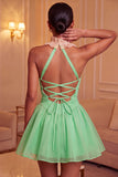 Yellow A-Line Halter Neck Ruffled Ruched Homecoming Dress with Lace Up Back