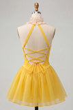 Yellow A-Line Halter Neck Ruffled Ruched Homecoming Dress with Lace Up Back