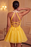 Yellow A-Line Halter Neck Ruffled Ruched Homecoming Dress with Lace Up Back