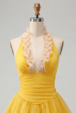 Yellow A-Line Halter Neck Ruffled Ruched Homecoming Dress with Lace Up Back