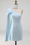 Bodycon One Shoulder Light Blue Pearl Bow Homecoming Dress with Side Cape