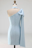 Bodycon One Shoulder Light Blue Pearl Bow Homecoming Dress with Side Cape