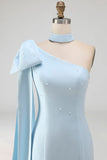 Bodycon One Shoulder Light Blue Pearl Bow Homecoming Dress with Side Cape