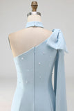Bodycon One Shoulder Light Blue Pearl Bow Homecoming Dress with Side Cape