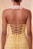 Halter Neck Red Bodycon Ruched Ruffled Glitter Homecoming Dress with Lace Up Back