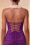 Halter Neck Red Bodycon Ruched Ruffled Glitter Homecoming Dress with Lace Up Back