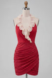 Halter Neck Red Bodycon Ruched Ruffled Glitter Homecoming Dress with Lace Up Back
