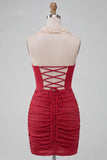 Halter Neck Red Bodycon Ruched Ruffled Glitter Homecoming Dress with Lace Up Back