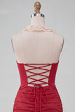 Halter Neck Red Bodycon Ruched Ruffled Glitter Homecoming Dress with Lace Up Back