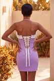Light Purple Bodycon Halter Neck Ruffled Beaded Homecoming Dress with Lace Up Back