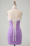 Light Purple Bodycon Halter Neck Ruffled Beaded Homecoming Dress with Lace Up Back