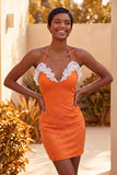 Light Purple Bodycon Halter Neck Ruffled Beaded Homecoming Dress with Lace Up Back