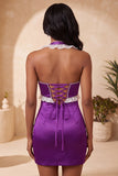 Satin Purple Bodycon Beaded Halter Neck Short Homecoming Dress with Lace Up Back