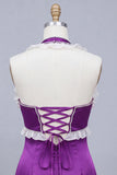 Satin Purple Bodycon Beaded Halter Neck Short Homecoming Dress with Lace Up Back