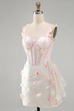 Bodycon Blush Corset Butterfly Pearl Applique Lace Up Back Homecoming Dress with Sash