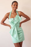 Bodycon Mint Green Halter Neck Satin Lace Up Back Homecoming Dress with Bow