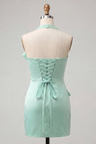 Bodycon Mint Green Halter Neck Satin Lace Up Back Homecoming Dress with Bow