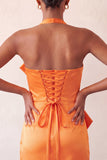 Bodycon Mint Green Halter Neck Satin Lace Up Back Homecoming Dress with Bow