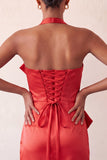 Bodycon Mint Green Halter Neck Satin Lace Up Back Homecoming Dress with Bow