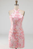 Bodycon Light Purple Halter Neck Sequins Lace Up Back Homecoming Dress