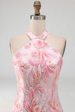 Bodycon Light Purple Halter Neck Sequins Lace Up Back Homecoming Dress