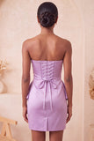 Strapless Light Purple Bodycon Lace Up Back Pearls Ruched Homecoming Dress