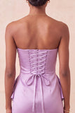 Strapless Light Purple Bodycon Lace Up Back Pearls Ruched Homecoming Dress