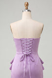 Strapless Light Purple Bodycon Lace Up Back Pearls Ruched Homecoming Dress