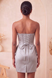 Strapless Light Purple Bodycon Lace Up Back Pearls Ruched Homecoming Dress