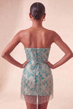 Lake Blue Sweetheart Corset Jacquard Lace Up Back Homecoming Dress with Fringes
