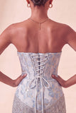 Lake Blue Sweetheart Corset Jacquard Lace Up Back Homecoming Dress with Fringes