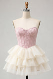 Pink Sweetheart A-Line Corset Jacquard Lace Up Back Tiered Homecoming Dress