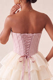 Pink Sweetheart A-Line Corset Jacquard Lace Up Back Tiered Homecoming Dress