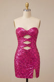 Sweetheart Fuchsia Keyhole Bodycon Sparkly Sequin Homecoming Dress with Slit