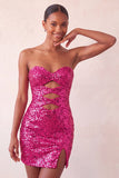 Sweetheart Fuchsia Keyhole Bodycon Sparkly Sequin Homecoming Dress with Slit