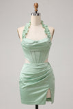 Halter Corset Bodycon Mint Green Ruched Short Homecoming Dress with Slit