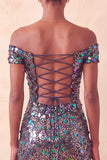 Sparkly Champagne Off The Shoulder Bodycon Homecoming Dress with Sequins