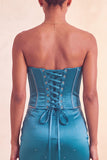 Strapless Bodycon Lake Blue Beaded Short Homecoming Dress with Ruffles