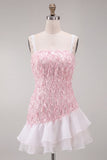 Pink Bodycon Ruffled Short Sequin Homecoming Dress with Lace Up Back