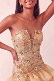 Blue Strapless Sequins Bodycon Short Homecoming Dress with Ruffled