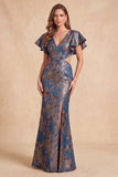 Navy V-Neck Mermaid Jacquard Floral Cut Out Long Formal Dress with Slit