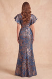 Navy V-Neck Mermaid Jacquard Floral Cut Out Long Formal Dress with Slit